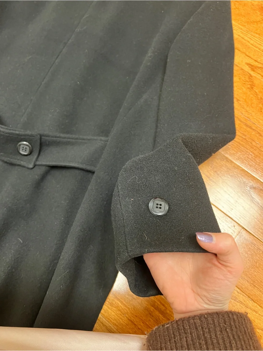 Classic Double-Breasted Black Wool Coat with velvet detail